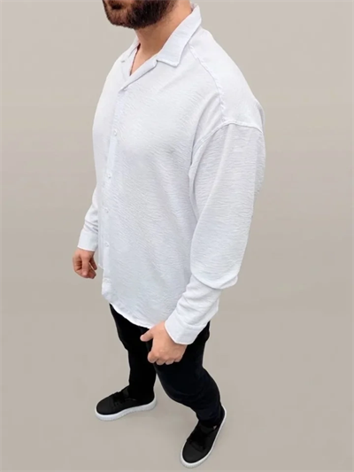 Erkek Aerobin Kumaş Oversize 4 Mevsim Uzun Kollu Rahat Kalıp Gömlek - Beyaz