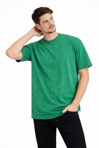 Erkek Asit Yıkama Bisiklet Yaka Kısa Kollu Oversize T-Shirt Tişört - Yeşil