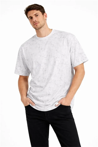 Erkek Asit Yıkama Bisiklet Yaka Kısa Kollu Oversize T-Shirt Tişört - Beyaz