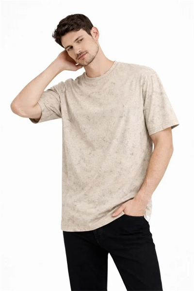 Erkek Asit Yıkama Bisiklet Yaka Kısa Kollu Oversize T-Shirt Tişört - Bej