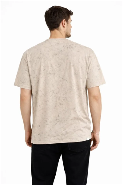 Erkek Asit Yıkama Bisiklet Yaka Kısa Kollu Oversize T-Shirt Tişört - Bej