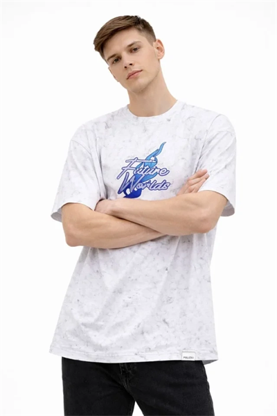 Erkek Asit Yıkamalı Oversize Tişört Future Worlds Baskılı Bisiklet Yaka Kısa Kollu Streetwear %100 Pamuk Street Style T-Shirt - Beyaz