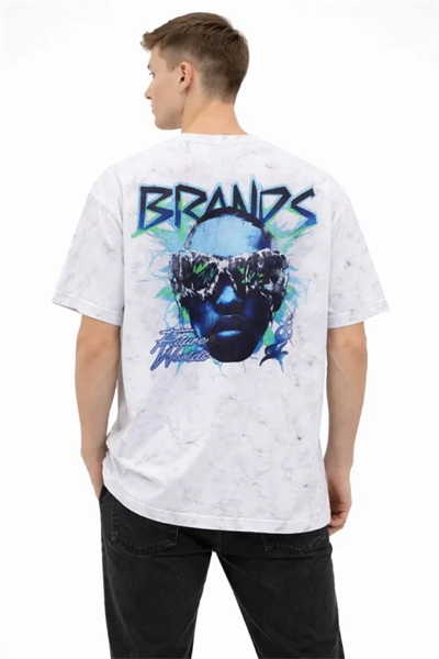 Erkek Asit Yıkamalı Oversize Tişört Future Worlds Baskılı Bisiklet Yaka Kısa Kollu Streetwear %100 Pamuk Street Style T-Shirt - Beyaz