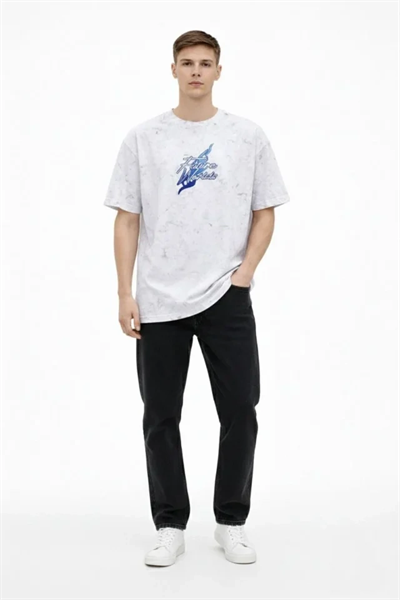 Erkek Asit Yıkamalı Oversize Tişört Future Worlds Baskılı Bisiklet Yaka Kısa Kollu Streetwear %100 Pamuk Street Style T-Shirt - Beyaz