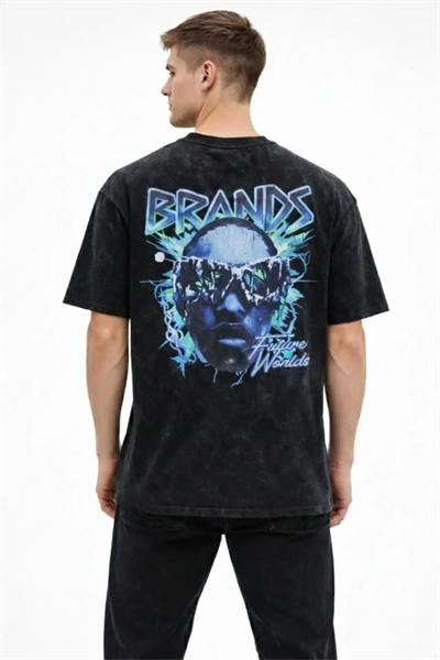 Erkek Asit Yıkamalı Oversize Tişört Future Worlds Baskılı Bisiklet Yaka Kısa Kollu Streetwear %100 Pamuk Street Style T-Shirt - Siyah