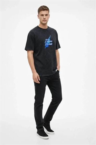Erkek Asit Yıkamalı Oversize Tişört Future Worlds Baskılı Bisiklet Yaka Kısa Kollu Streetwear %100 Pamuk Street Style T-Shirt - Siyah