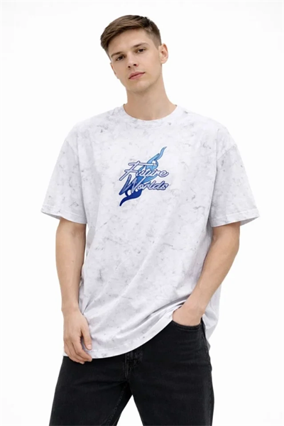 Erkek Asit Yıkamalı Oversize Tişört Future Worlds Baskılı Bisiklet Yaka Kısa Kollu Streetwear %100 Pamuk Street Style T-Shirt - Beyaz