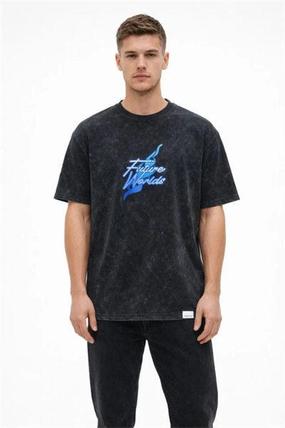 Erkek Asit Yıkamalı Oversize Tişört Future Worlds Baskılı Bisiklet Yaka Kısa Kollu Streetwear %100 Pamuk Street Style T-Shirt - Siyah