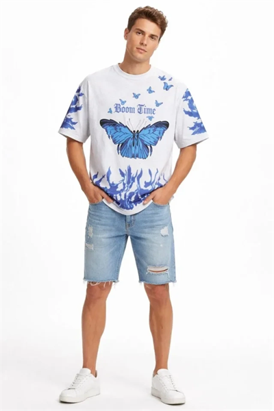 Erkek Asit Yıkamalı Oversize Tişört Mavi Kelebek Baskılı Dijital Print Bisiklet Yaka Streetwear T-Shirt - Beyaz