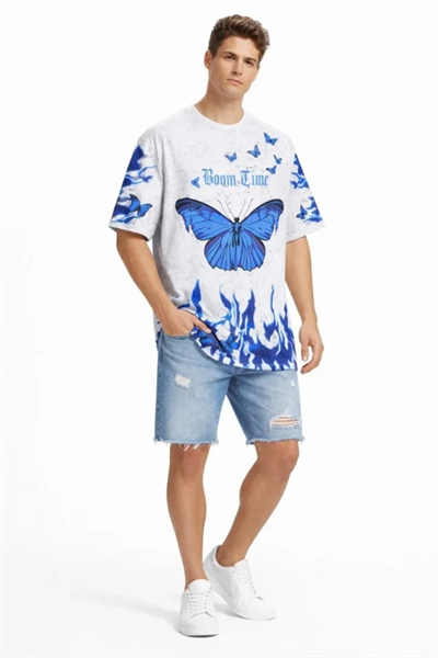 Erkek Asit Yıkamalı Oversize Tişört Mavi Kelebek Baskılı Dijital Print Bisiklet Yaka Streetwear T-Shirt - Beyaz