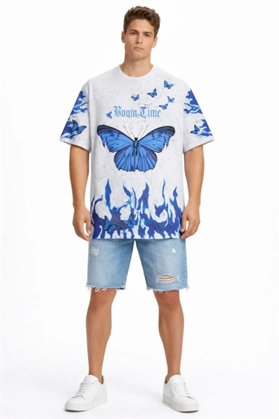 Erkek Asit Yıkamalı Oversize Tişört Mavi Kelebek Baskılı Dijital Print Bisiklet Yaka Streetwear T-Shirt - Beyaz