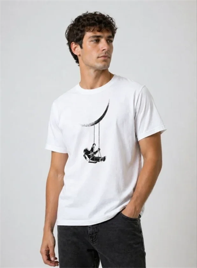 Erkek Astronot Ay Temalı Tişört Kısa Kol Yazlık Bisiklet Yaka T-Shirt - Beyaz