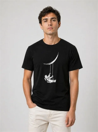 Erkek Astronot Ay Temalı Tişört Kısa Kol Yazlık Bisiklet Yaka T-Shirt - Siyah