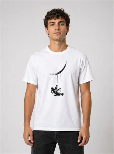 Erkek Astronot Ay Temalı Tişört Kısa Kol Yazlık Bisiklet Yaka T-Shirt - Beyaz