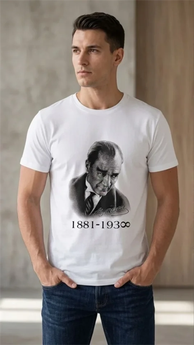 Erkek Atatürk Baskılı Tişört Kısa Kollu Bisiklet Yaka  T-Shirt - Beyaz