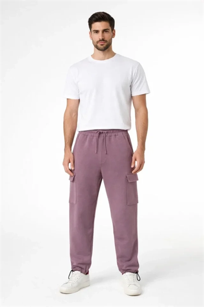 Erkek Baggy Üç İplik Kargo Cepli Eşofman Ayarlanabilir Paça Beli İpli Pantolon - Gül Kurusu