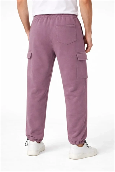 Erkek Baggy Üç İplik Kargo Cepli Eşofman Ayarlanabilir Paça Beli İpli Pantolon - Gül Kurusu