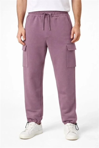 Erkek Baggy Üç İplik Kargo Cepli Eşofman Ayarlanabilir Paça Beli İpli Pantolon - Gül Kurusu
