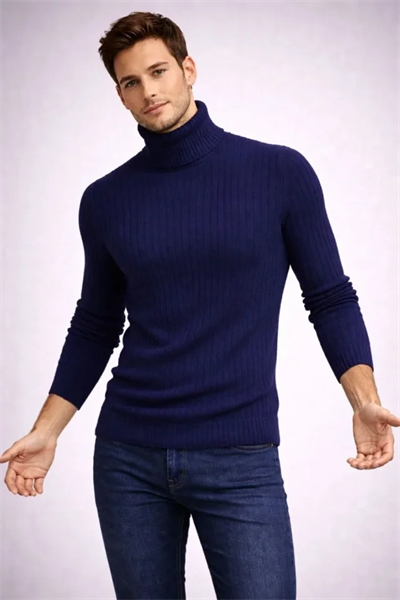 Erkek Balıkcı Yaka Bağazlı Triko Kazak Pamuklu Kalın Fitilli Dokuma, Regular Fit Uzun Kollu Kışlık Model - Lacivert