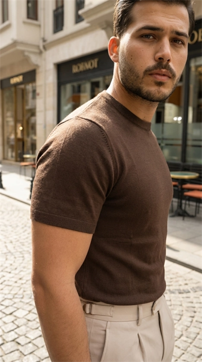 Erkek Basic Bisiklet Yaka Kısa Kollu Triko Tişört - %100 Pamuk Akrilik