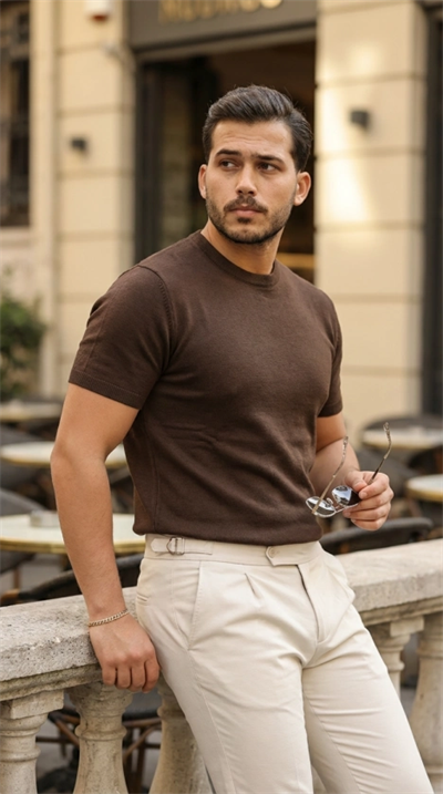 Erkek Basic Bisiklet Yaka Kısa Kollu Triko Tişört - %100 Pamuk Akrilik