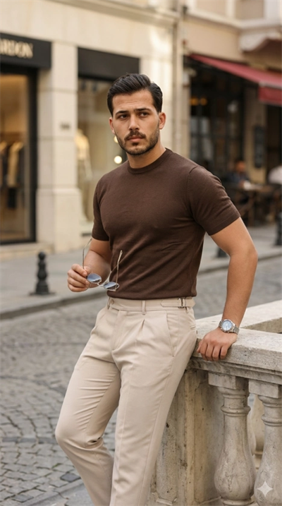 Erkek Basic Bisiklet Yaka Kısa Kollu Triko Tişört - %100 Pamuk Akrilik