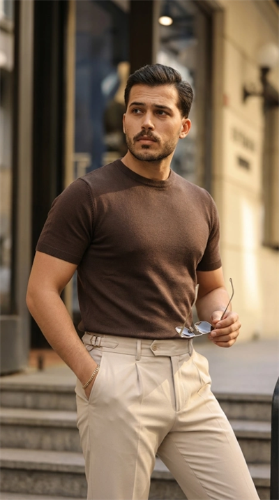 Erkek Basic Bisiklet Yaka Kısa Kollu Triko Tişört - %100 Pamuk Akrilik