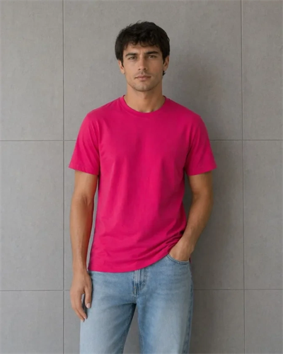 Erkek Basic Pamuklu Tişört Bisiklet Yaka Düz Renk Regular Fit T-Shirt - Fuşya