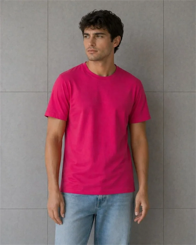 Erkek Basic Pamuklu Tişört Bisiklet Yaka Düz Renk Regular Fit T-Shirt - Fuşya