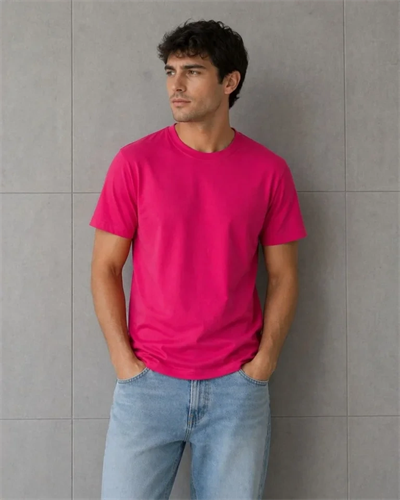 Erkek Basic Pamuklu Tişört Bisiklet Yaka Düz Renk Regular Fit T-Shirt - Fuşya