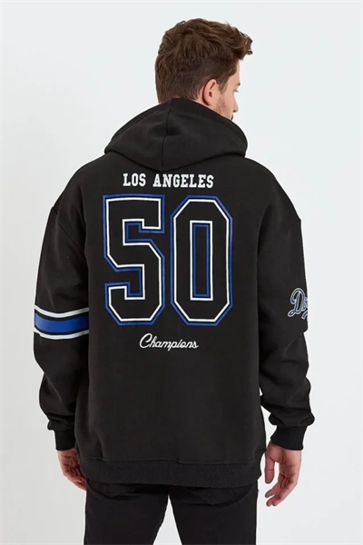 Erkek Baskılı Kapşonlu Üç Iplik Oversize Sweatshirt - Siyah