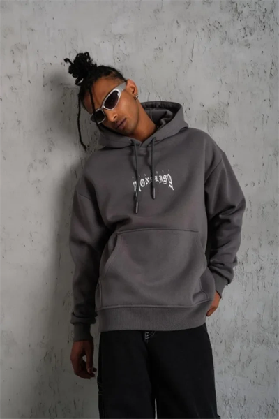 Erkek Baskılı Kapüşonlu Ve Kanguru Cepli Sweat- Gri