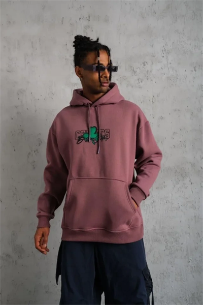 Erkek Baskılı Kapüşonlu Ve Kordon İpli Sweat - Gül Kurusu