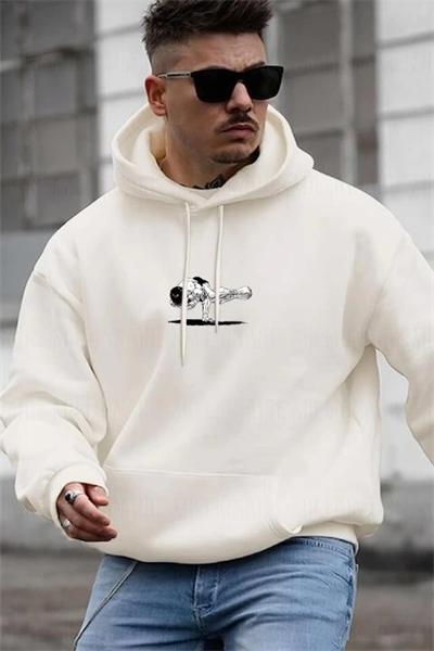 Erkek Baskılı Kapüşonlu Ve Kordon İpli Sweat - Beyaz