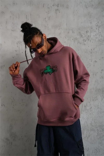 Erkek Baskılı Kapüşonlu Ve Kordon İpli Sweat - Gül Kurusu