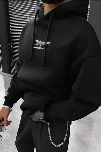 Erkek Baskılı Kapüşonlu Ve Kordon İpli Sweat - Siyah
