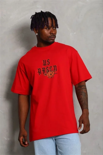 Erkek Baskılı T-Shirt Kısa Kol Bisiklet Yaka Regular Fit Rahat Kalıp Günlük Tişört - Kırmızı