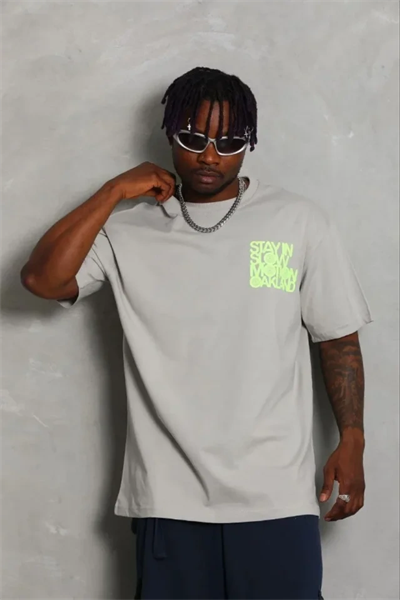 Erkek Baskılı T-Shirt Kısa Kol Bisiklet Yaka Regular Fit Rahat Kalıp Günlük Tişört - Gri