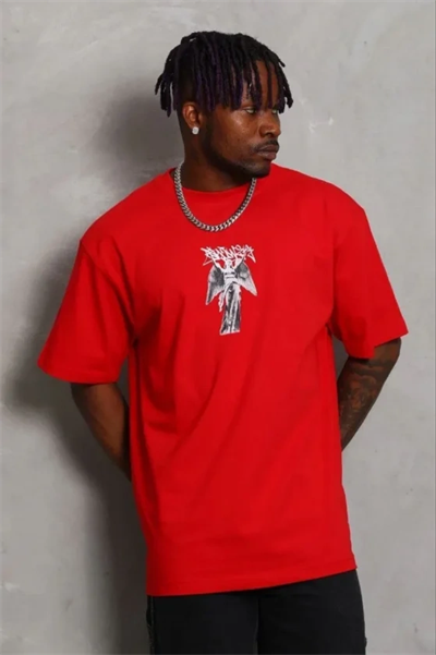 Erkek Baskılı T-Shirt Kısa Kol Bisiklet Yaka Regular Fit Rahat Kalıp Günlük Tişört - Kırmızı