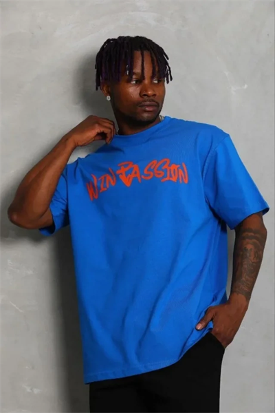 Erkek Baskılı T-Shirt Kısa Kol Bisiklet Yaka Regular Fit Rahat Kalıp Günlük Tişört - Saks Mavisi