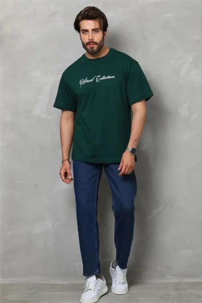 Erkek Baskılı T-Shirt Kısa Kol Bisiklet Yaka Regular Fit Rahat Kalıp Günlük Tişört - Çağla Yeşili
