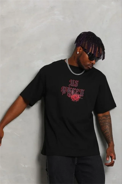 Erkek Baskılı T-Shirt Kısa Kol Bisiklet Yaka Regular Fit Rahat Kalıp Günlük Tişört - Siyah