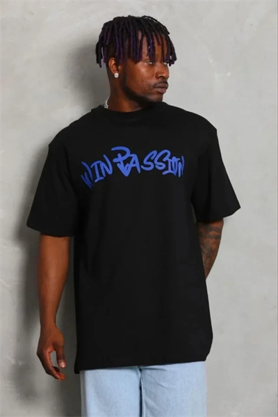 Erkek Baskılı T-Shirt Kısa Kol Bisiklet Yaka Regular Fit Rahat Kalıp Günlük Tişört - Siyah