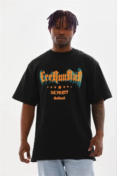 Erkek Baskılı T-Shirt Kısa Kol Bisiklet Yaka Regular Fit Rahat Kalıp Günlük Tişört - Siyah