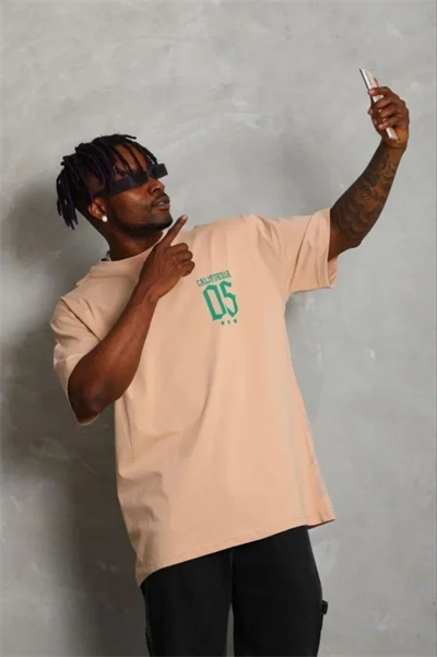 Erkek Baskılı T-Shirt Kısa Kol Bisiklet Yaka Regular Fit Rahat Kalıp Günlük Tişört - Bej