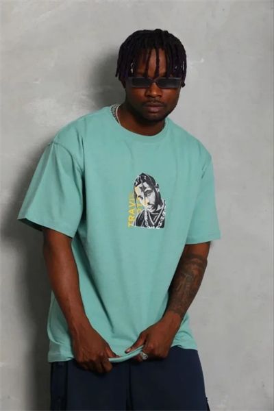 Erkek Baskılı T-Shirt Kısa Kol Bisiklet Yaka Regular Fit Rahat Kalıp Günlük Tişört - Mint Yeşili