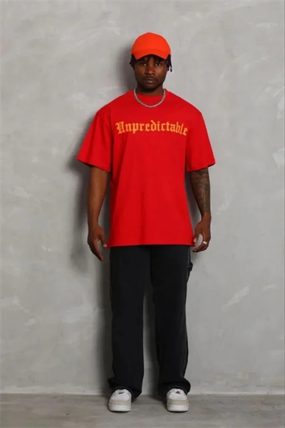 Erkek Baskılı T-Shirt Kısa Kol Bisiklet Yaka Regular Fit Rahat Kalıp Günlük Tişört - Kırmızı