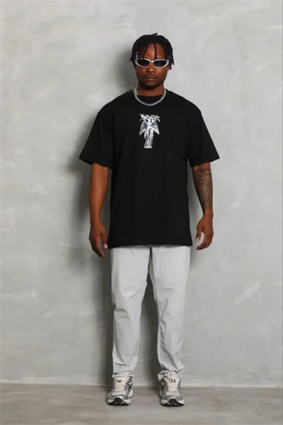 Erkek Baskılı T-Shirt Kısa Kol Bisiklet Yaka Regular Fit Rahat Kalıp Günlük Tişört - Siyah