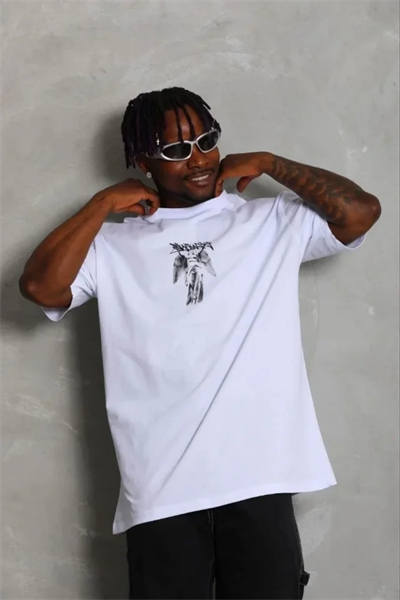 Erkek Baskılı T-Shirt Kısa Kol Bisiklet Yaka Regular Fit Rahat Kalıp Günlük Tişört - Beyaz