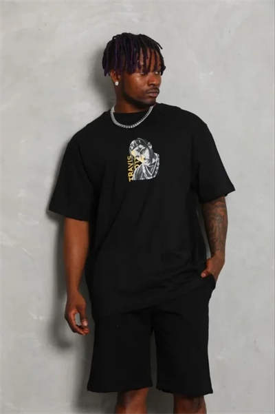 Erkek Baskılı T-Shirt Kısa Kol Bisiklet Yaka Regular Fit Rahat Kalıp Günlük Tişört - Siyah